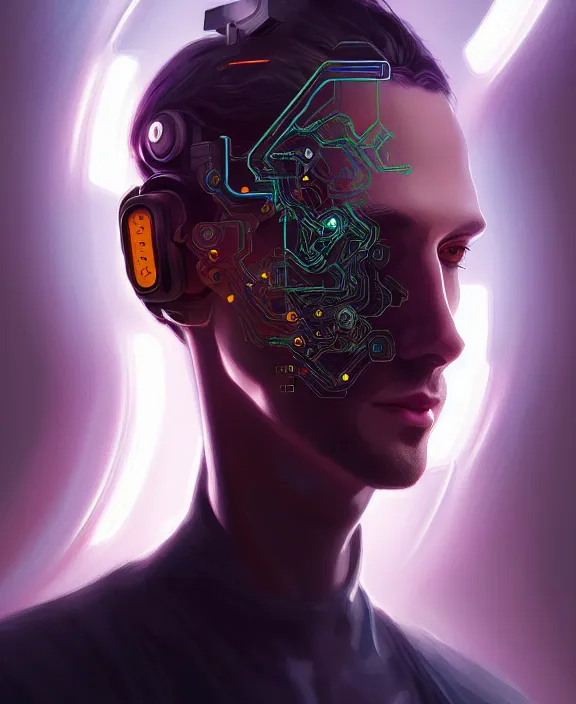 Image similar to a whirlwind inside the metaverse, guy, male, man, hologram, half body, neurochip, android, cyborg, cyberpunk face, by loish, d & d, fantasy, intricate, elegant, highly detailed, colorful, digital painting, artstation, concept art, art by artgerm and greg rutkowski and alphonse mucha