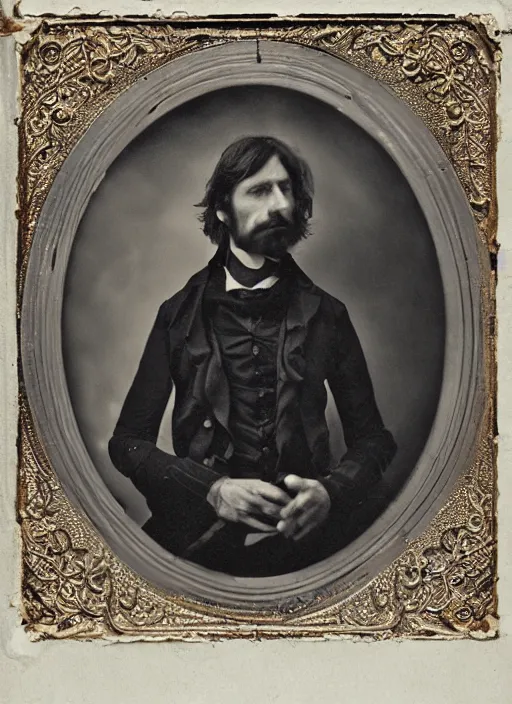 Image similar to old wetplate daguerreotype half man, half demon, explosion of data fragments, fractal, intricate, elegant, highly detailed, parallax, leica, medium format, subsurface scattering, by jheronimus bosch and greg rutkowski and louis jacques mande daguerre