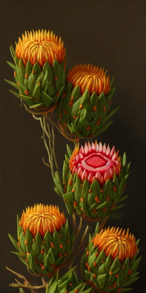 Image similar to detailed king proteas and pincushions against a black backdrop by thomas cole, artstation