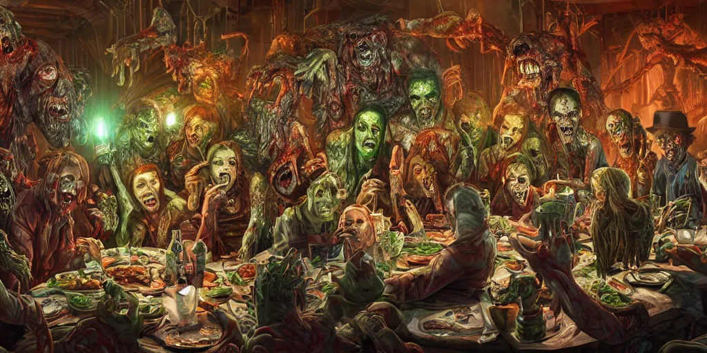 Prompt: zombies eating dinner at a christmas party, monster anatomy, ross tran, vivid colors anatomical, highly detailed sculpture, intricate detailed, ommatidia, 8 k, cinematic atmosphere, post - processing