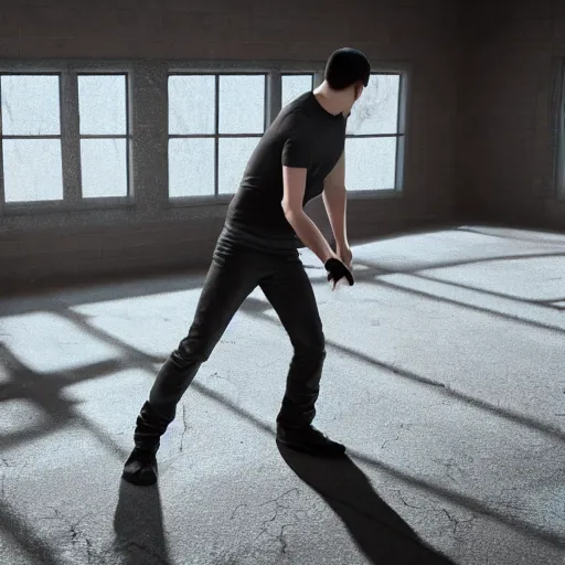 Prompt: incredible cinematic image of young angry man trying to fight his own shadow, studio shot, dynamic lighting, high definition, highly detailed, photo-realistic, unreal engine render, 16k