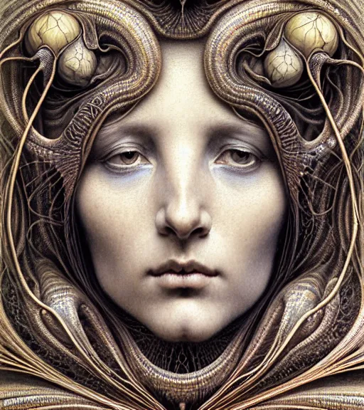 Prompt: detailed realistic beautiful scarab goddess face portrait by jean delville, gustave dore, iris van herpen and marco mazzoni, art forms of nature by ernst haeckel, art nouveau, symbolist, visionary, gothic, neo - gothic, pre - raphaelite, fractal lace, intricate alien botanicals, ai biodiversity, surreality, hyperdetailed ultrasharp octane render