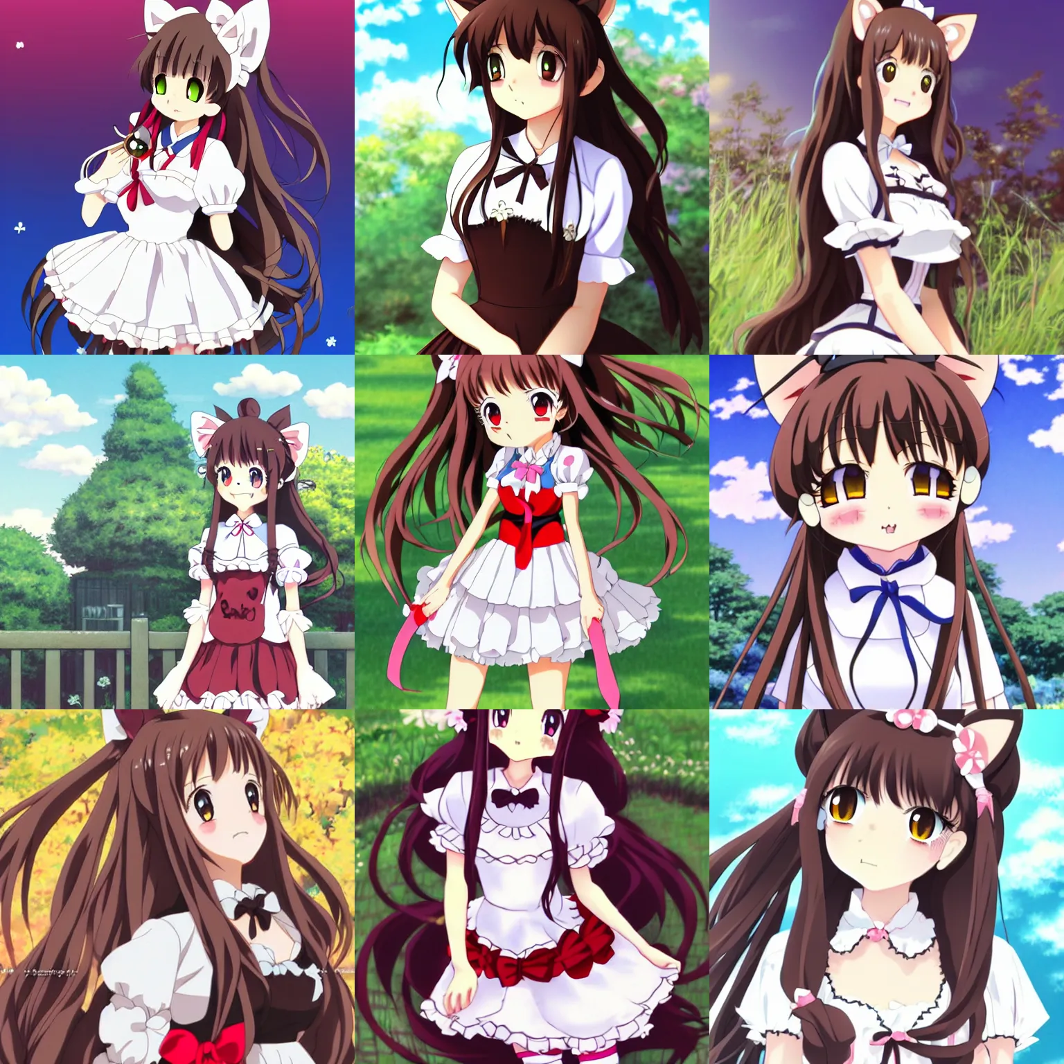 Prompt: a very very beautiful stunningly cute anime catgirl as a maid, art by studio ghibli, anime key visual, long brown hair, smile trending on pixiv 8k