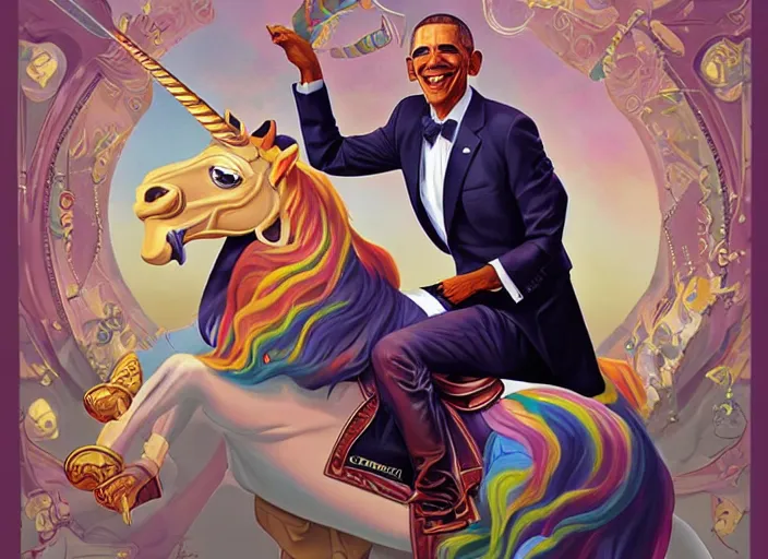 Image similar to portrait of obama riding an unicorn, pixar style, by tristan eaton stanley artgerm and tom bagshaw.