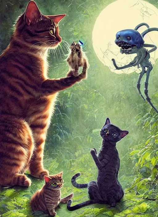 Image similar to a hyper realistic cat meeting an alien. and sunbeams blue sky, lush forest foliage painting by chiara bautista and norman rockwell and greg rutkowski weta studio, and lucasfilm