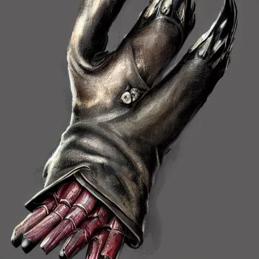 Image similar to metal claws on gloves, old leather gloves with attached talons, pointy fingertips, dark background, highly detailed, 8 k, trending on artstation, mystic, rpg artwork, by peter jackson, by sauron