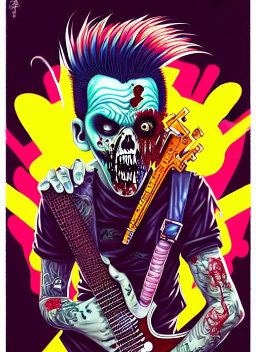 Image similar to a zombie punk rocker with a mohawk playing electric guitar, tristan eaton, victo ngai, artgerm, rhads, ross draws, rule of thirds by francis tneh