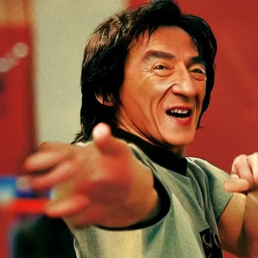 Image similar to Jackie chan as a jackrabbit, photograph, colourised