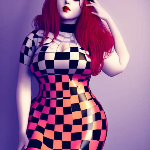 Image similar to curvy feminine hot goth woman with elegant red-black checkered latex dress, cgsociety, photorealistic, sublime-comfy-elegant ambience, 16k, smooth, sharp focus, trending on ArtStation, volumetric lighting, fully clothed, worksafe