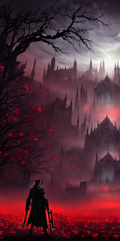 Image similar to populated bloodborne old valley with a dark person at the centre and a ruined gothic city in the background, trees and stars in the background, falling red petals, epic red - orange moonlight, perfect lightning, wallpaper illustration by niko delort and kentaro miura, 4 k, ultra realistic