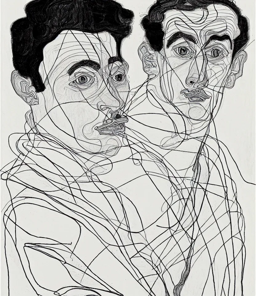 Prompt: detailed line art portrait of henri cartier - bresson, inspired by egon schiele. caricatural, minimalist, bold contour lines, musicality, soft twirls curls and curves, confident personality, raw emotion