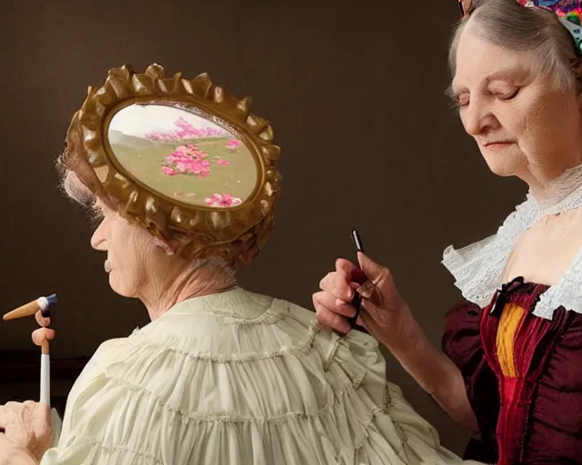 Prompt: an innocent and beautiful scene in hyper realistic style, about an old and lonely woman applying makeup in front of the camera, and modeling a victorian dress. a huge and colorful fish sits on her head.