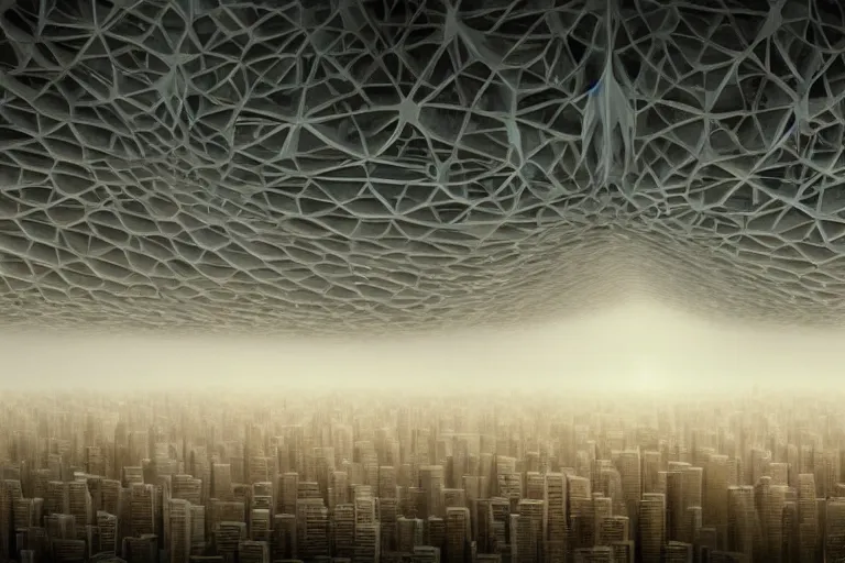 Image similar to a complex organic fractal 3 d ceramic megastructure city, cinematic shot, foggy, photo still from movie by denis villeneuve