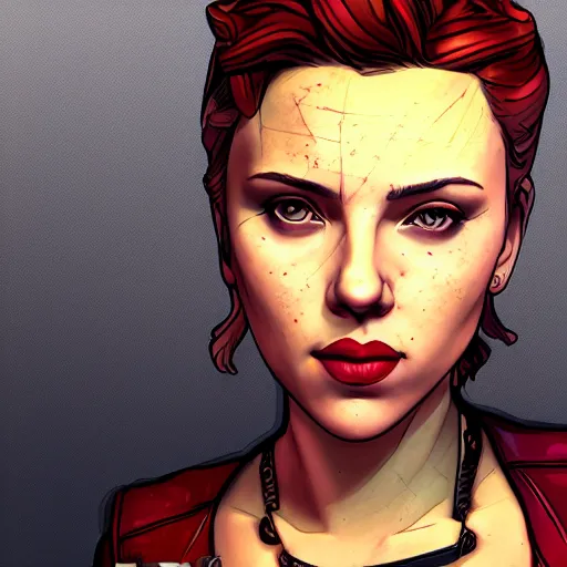 Image similar to scarlett johansson portrait, borderlands, tales from the borderlands, the wolf among us, comic, cinematic lighting, studio quality, 8 k