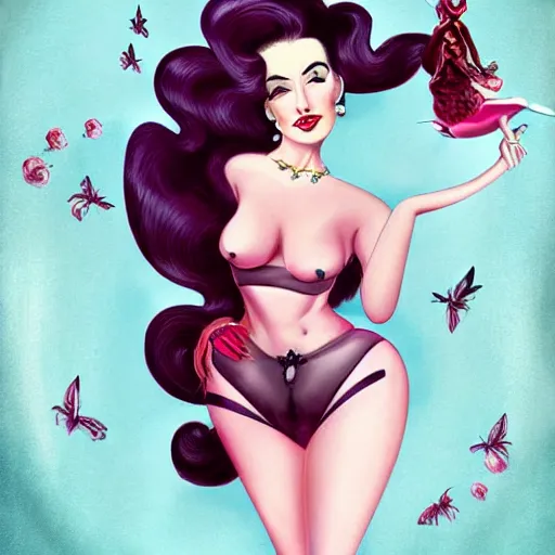 Prompt: a pinup illustration of dita von teese in the style of anna dittmann.