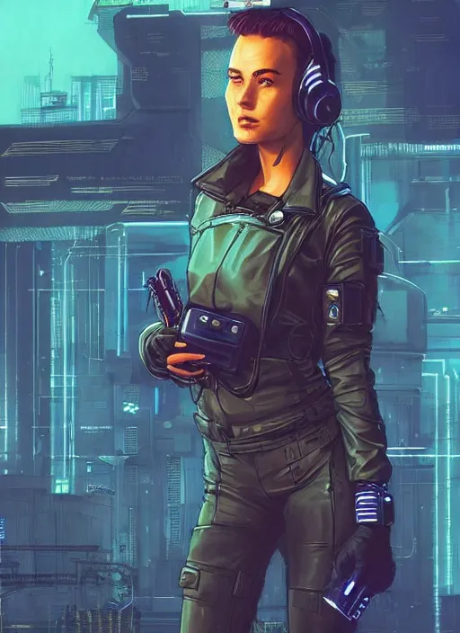 Image similar to Feminist Sara. Gorgeous female cyberpunk hacker wearing a cyberpunk headset, military vest, and pilot jumpsuit. gorgeous face. Realistic Proportions. Concept art by James Gurney and Laurie Greasley. Moody Industrial skyline. ArtstationHQ. Creative character design for cyberpunk 2077.