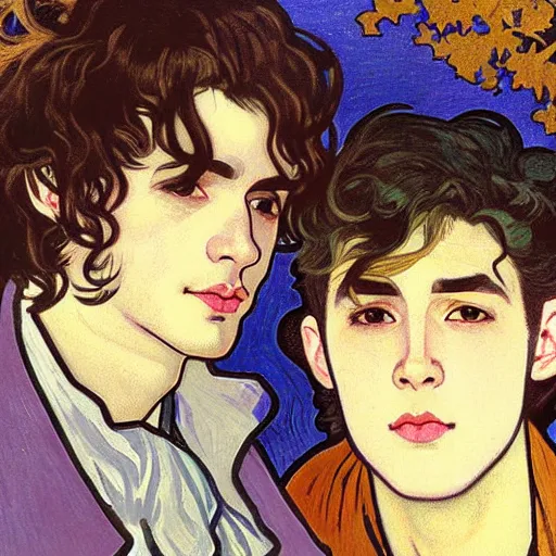 Image similar to painting of young cute handsome beautiful dark medium wavy hair man in his 2 0 s named shadow taehyung and cute handsome beautiful min - jun together at the halloween! party, bubbling cauldron!, candles!, smoke, autumn! colors, elegant, wearing suits!, delicate facial features, art by alphonse mucha, vincent van gogh, egon schiele