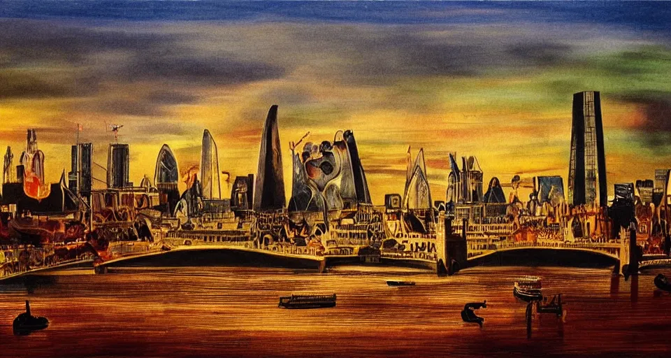 Image similar to color sketch of the london skyline, highly detailed, dramatic lighting, intense shadows, rich deep colours, by salvador dali