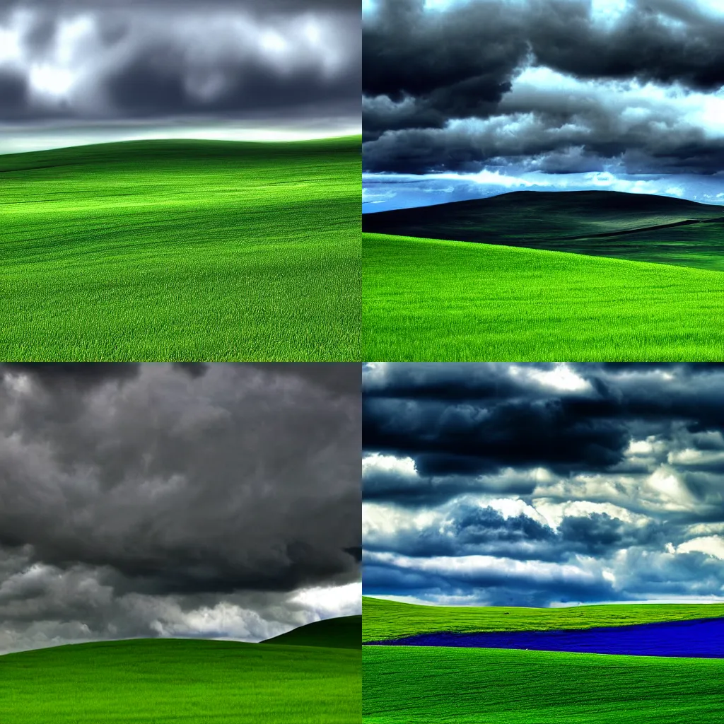 Prompt: Windows XP screensaver landscape, Raining and thundering clouds