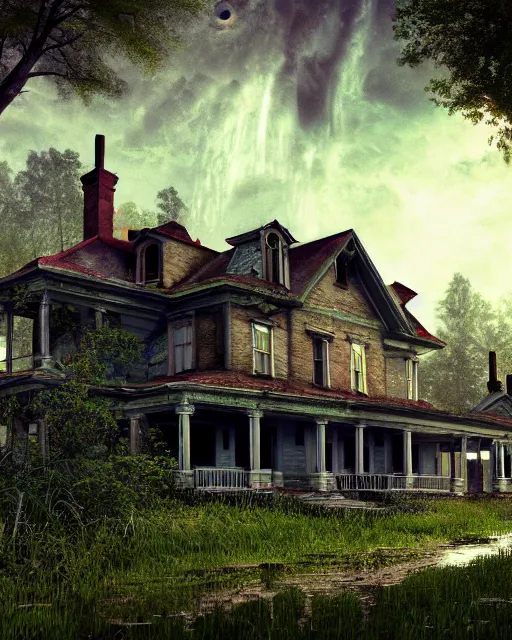 Image similar to a beautiful photorealistic render of single family detached house abandoned by albert bierstadt, reclaimed by nature retro nightsky gem liberty city atlantis architecture island apocalyptic nature cosmic sea, archdaily, wallpaper, highly detailed, trending on artstation.