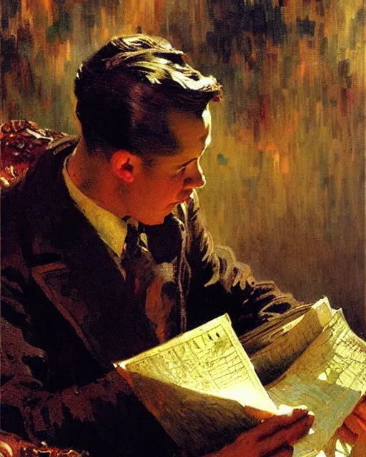 Image similar to attractive man reading the weather report live on tv 1 9 4 8 melancholy, nostalgia, painting by gaston bussiere, craig mullins, j. c. leyendecker