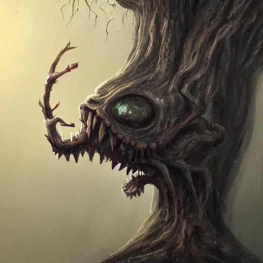 Prompt: a detailed painting of a tree disguised as a human with spider eyes, sharp teeth, and a long tongue screaming in the style of dark fantasy, artstation, ornate, 8k, deep focus,