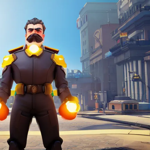 Image similar to joseph stalin is the newest overwatch character, kings row in the background, octane render, blender render, unreal engine, action shot, cinematic lighting, symmetrical