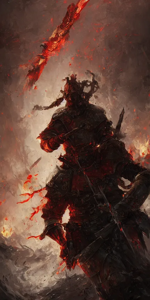 Image similar to stannis baratheon, artstation, jakub rozalski, flaming sword, high detail, dramatic lighting