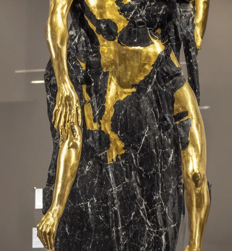 Image similar to a photo at the museum showing a black marble and gold full body sculpture of cleopatra. good quality, good light, anatomically correct, 8 k