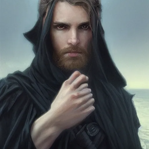 Prompt: pale male rogue in black robes on a shipdeck, fantasy, D&D, portrait, piercing stare, highly detailed, digital painting, HD, artstation, concept art, matte, sharp focus, illustration, art by artgerm and greg rutkowski and alphonse mucha