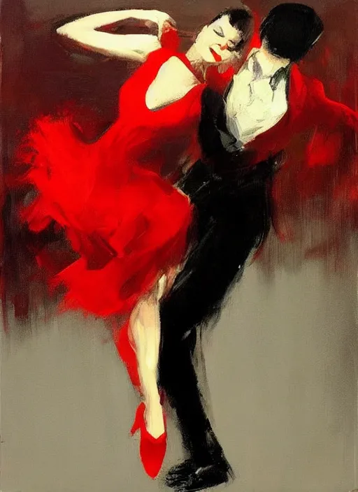 Image similar to tango dancer in red dress, painting by phil hale, fransico goya,'action lines '!!!, graphic style, visible brushstrokes, motion blur, blurry, visible paint texture, crisp hd image