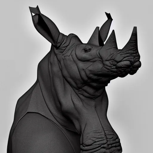 Image similar to rhino head made of black cast iron on a black background. gothic baroque. low poly. symmetry. epic. ominous shapes. hyper detailed.