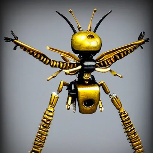Prompt: mechanic wasp robot made of iron, gold and diamonds. hyper detailed