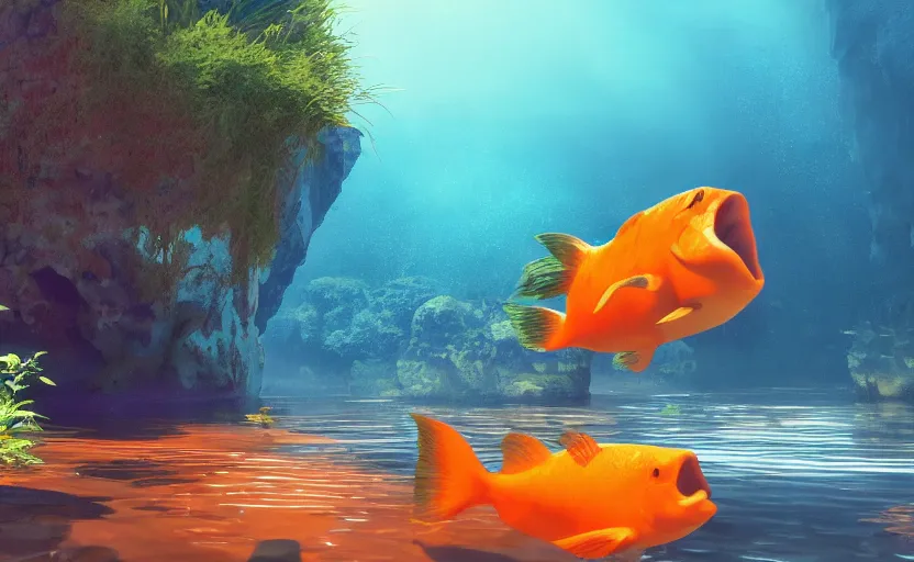 Image similar to a cave lake with some orange fish swimming inside, studio ghibli, pixar style, octane render, unreal engine 5, path traced, highly detailed, high quality, 8 k, soft lighting, godrays, complementary colors, natural lighting, water parallax, serene landscape, beautiful, elegant, digital painting