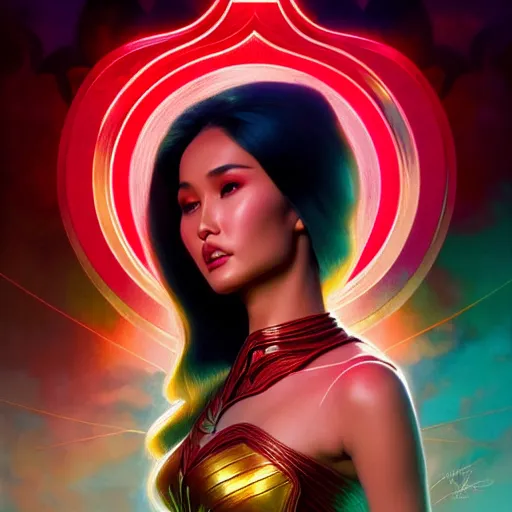 Prompt: heart evangelista as darna, volumetric lights, red and cyan theme, art nouveau botanicals, intricate, highly detailed, digital painting, artstation, concept art, smooth, sharp focus, cinematic, illustration, beautiful face, art by artgerm and greg rutkowski and alphonse mucha