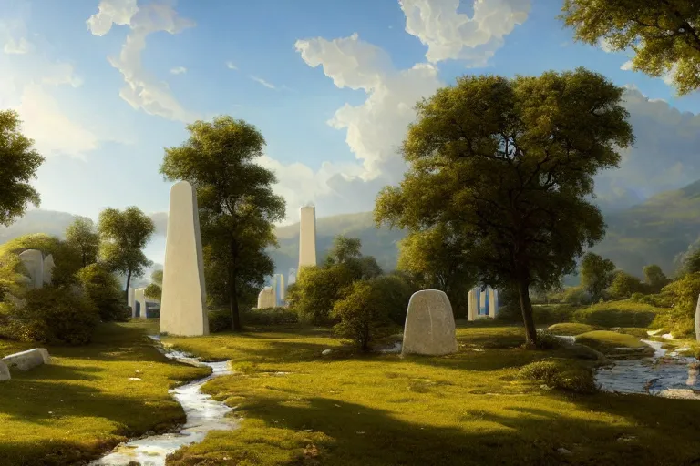 Prompt: A small village surrounded by white rectangular monoliths in an open field with a winding white stone pathwalk and a small brook running through, clear blue skies in the background, by Thomas Kincade, Richard Sigamani, 8k photorealistic, cinematic lighting, HD, high details, concept art, trending on artstation