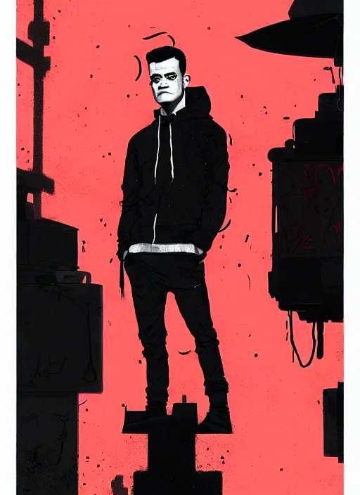 Image similar to highly detailed closeup art portrait of rami malek, elliot alderson, black hoody by atey ghailan, by greg rutkowski, by greg tocchini, by james gilleard, by joe fenton, by kaethe butcher, gradient red, black and white color scheme, grunge aesthetic!!! ( ( graffiti tag wall background ) )