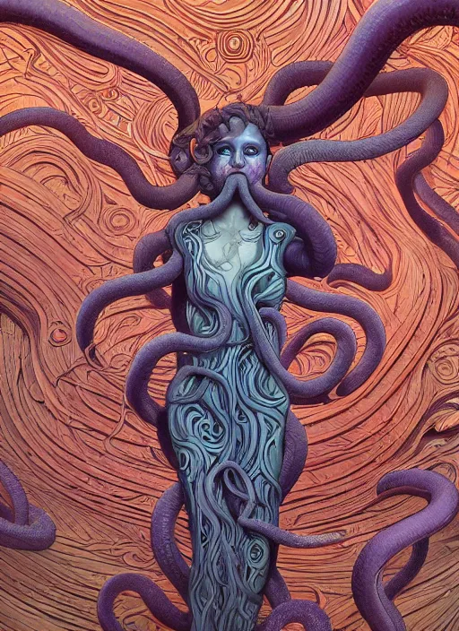 Image similar to medusa, subsurface scattering, wooden art nouveau swirls, strong subsurface scattering, cables, tubes, subsurface scattering, in the style of james jean and tomasz alen kopera and beeple, subsurface scattering, mystical colors, rim light, soft lighting, 8 k, stunning scene, raytracing, octane render, trending on artstation