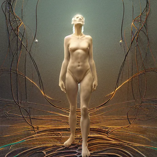 Prompt: full-body glass sculpture of a woman, glowing veins, plastic, glowing eyes, flat background, Masterpiece, wires everywhere, by Edgar Maxence and Ross Tran, Zdzisław Beksiński, and Michael Whelan, distant, gustav dore, H.R. Giger, 8k, octane render