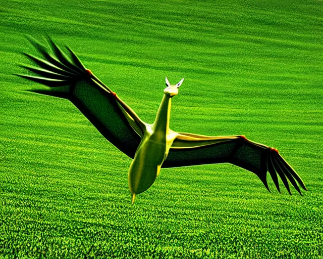 Image similar to rayquaza flying over a green meadow, wildlife photography, by frans lanting, telephoto, imax