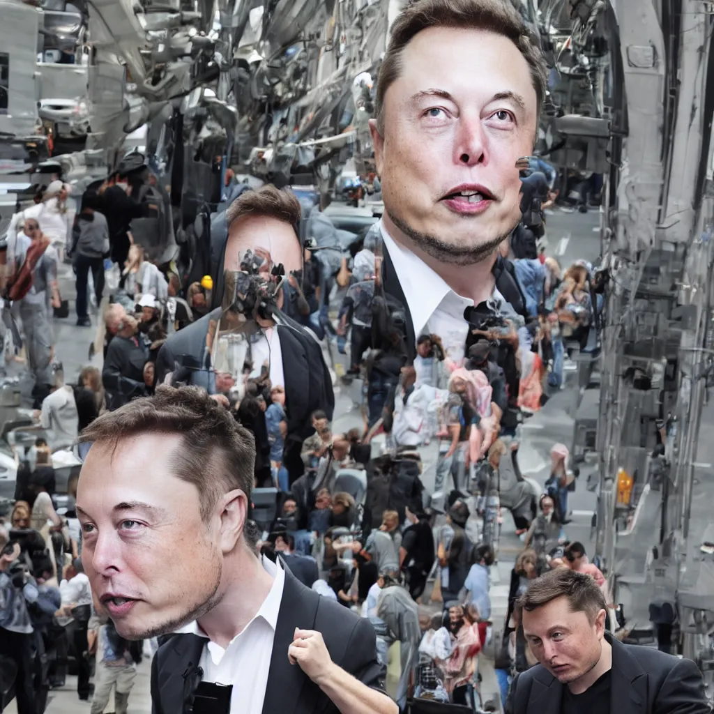 Image similar to elon musk with a giant head, street photo. 4k