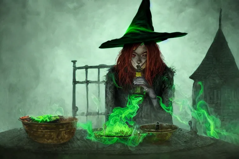 Image similar to close shot of a witch brewing in her lair, depressing, gloomy, tired, detailed, witch hat, dungeon, green smoke, fire, smoke, realism, realistic, hyper detailed, green lighting, ambient lighting, smoke, haze, bokeh, acrylic, digital painting,