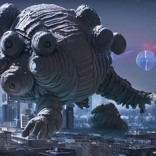 Image similar to a giant tardigrade attacking tokyo, by ansel adams, highly detailed, artstation, unreal engine, 4 k