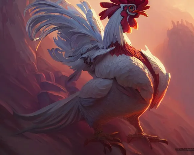 Image similar to rooster, deep focus, d & d, fantasy, intricate, elegant, highly detailed, digital painting, artstation, concept art, matte, sharp focus, illustration, hearthstone, art by artgerm and greg rutkowski and alphonse mucha