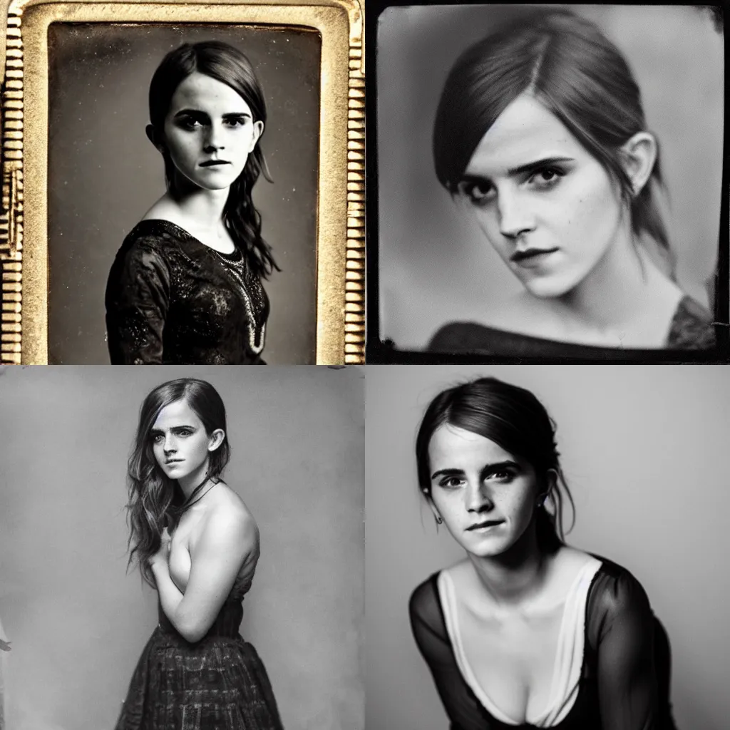 Prompt: A daguerreotype photograph of Emma Watson wide shot