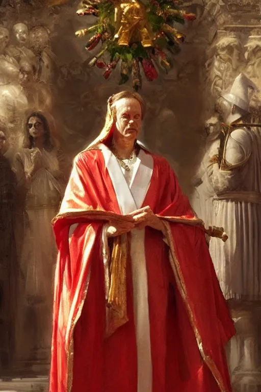 Image similar to beautiful oil painting, steve buscemi in royal crimson robes enthroned as the god emperor of ancient rome a golden wreath upon his head, by anders zorn, wonderful masterpiece by greg rutkowski, beautiful cinematic light, american romanticism, by thomas lawrence, greg rutkowski