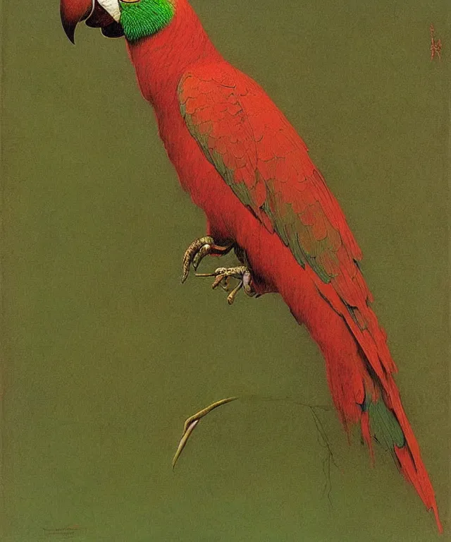 Image similar to beautiful emerald green parrot with red aura and eyes, by zdzisław beksinski, by gustave dore