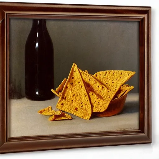 Image similar to Realistic still life of a bowl of doritos, mountain dew, by Fantin-Latour, 1866,