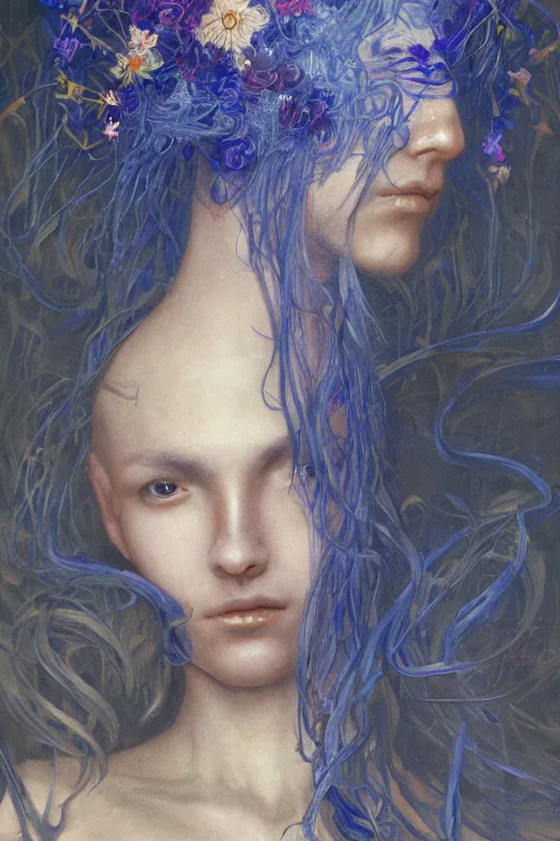 Image similar to portrait of beautiful young mainem, warhammer, japanic style, cyberpunk, a lot of scars, more and more flowers, blue head, the middle ages, highly detailed, artstation, illustration, art by jean delville, 8 k quality