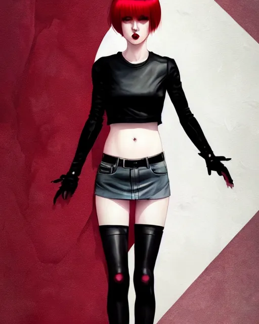 Image similar to a full body portrait of pale skin goth beauty in leather mini skirt and leather tank top, black hair, red lips, digital painting by ilya kuvshinov and ross tran and karol bak and stanley lau and anna dittmann and artgerm and xiaoguang sun and tian zi